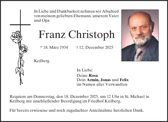 Traueranzeige von Franz Christoph von Mittelbayerische Zeitung Regensburg