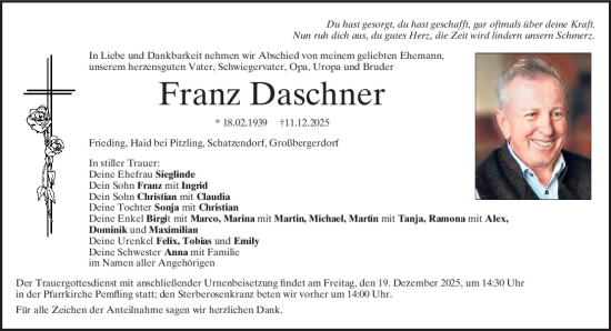 Traueranzeige von Franz Daschner von Bayerwald Echo