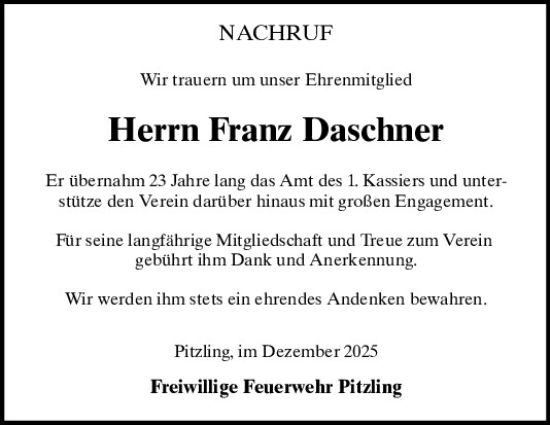 Traueranzeige von Franz Daschner von Bayerwald Echo