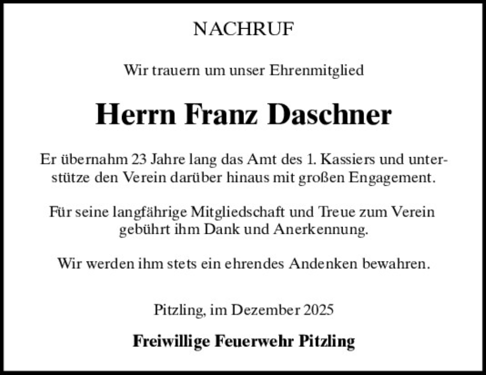  Traueranzeige für Franz Daschner vom 23.12.2025 aus Bayerwald Echo