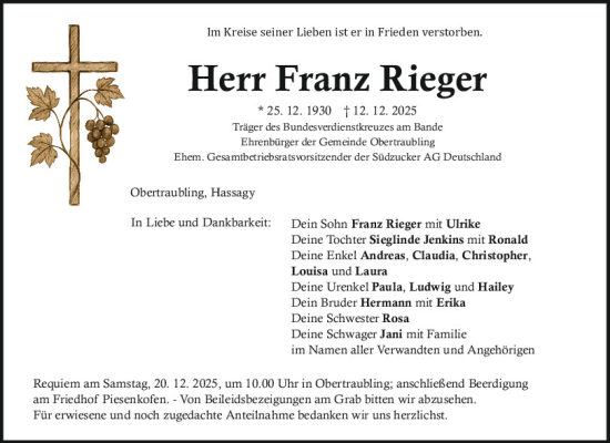 Traueranzeige von Franz Rieger von Mittelbayerische Zeitung Regensburg
