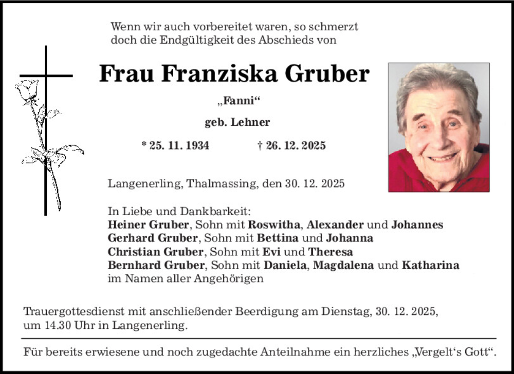  Traueranzeige für Franziska Gruber vom 30.12.2025 aus Mittelbayerische Zeitung Regensburg