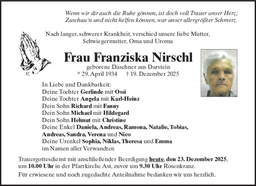  Traueranzeige für Franziska Nirschl vom 23.12.2025 aus Bayerwald Echo