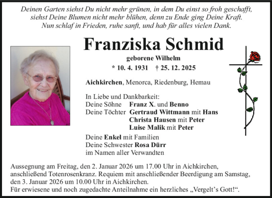 Traueranzeige von Franziska Schmid von Mittelbayerische Zeitung Regensburg