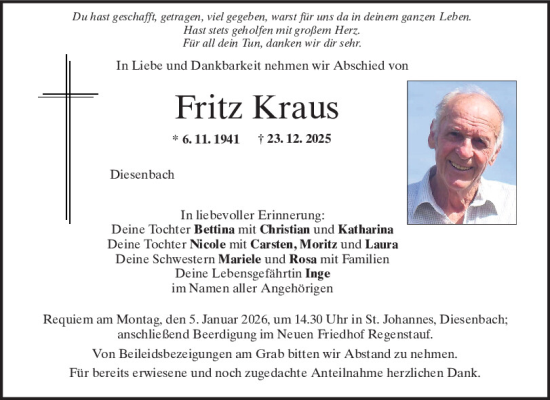 Traueranzeige von Fritz Kraus von Mittelbayerische Zeitung Regensburg