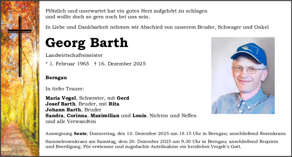  Traueranzeige für Georg Barth vom 18.12.2025 aus Neumarkter Tagblatt