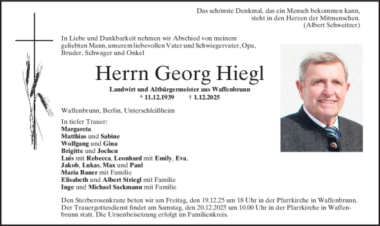 Traueranzeige von Georg Hiegl von Bayerwald Echo
