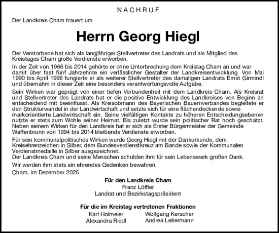 Traueranzeige von Georg Hiegl von Bayerwald Echo