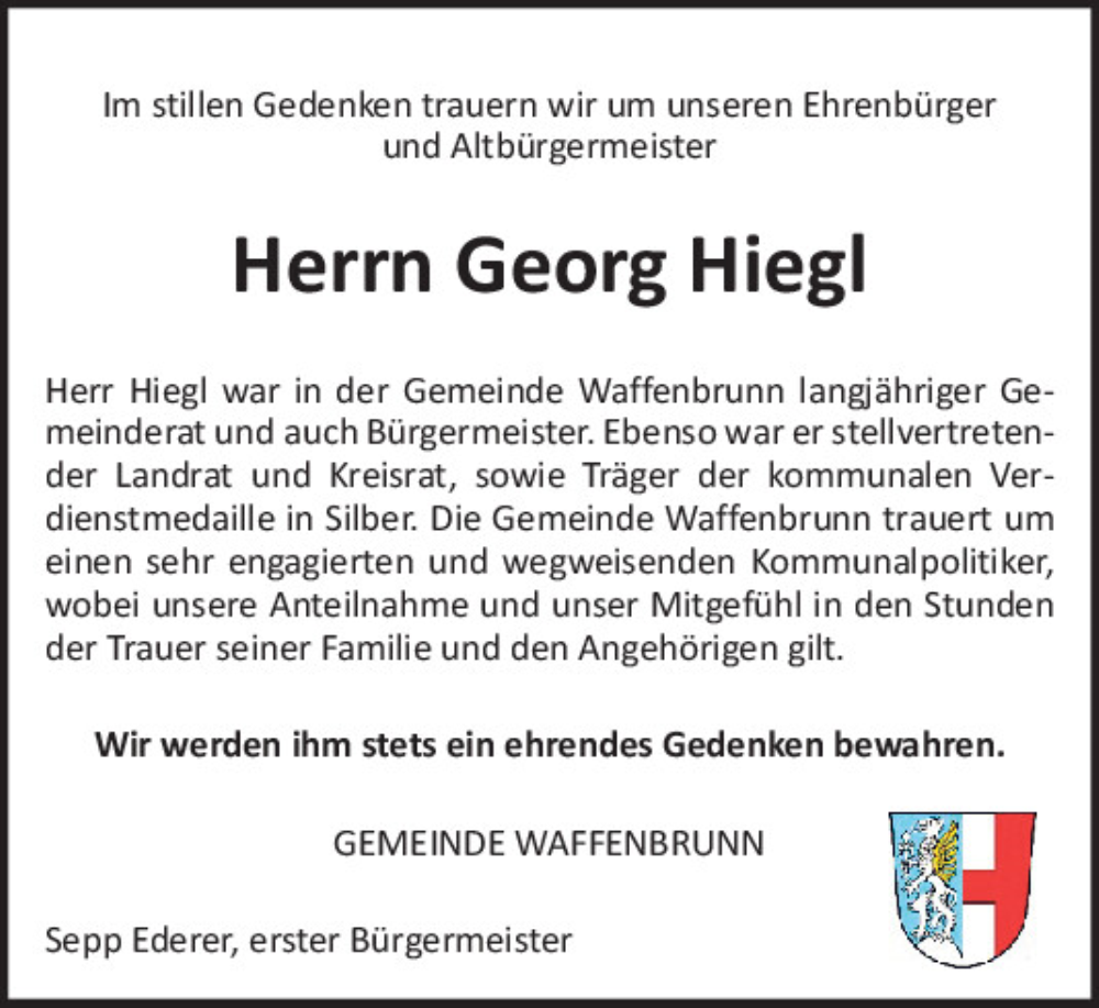  Traueranzeige für Georg Hiegl vom 15.12.2025 aus Bayerwald Echo