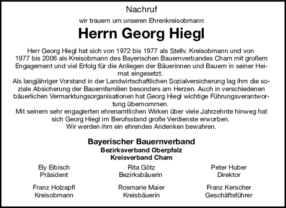  Traueranzeige für Georg Hiegl vom 17.12.2025 aus Bayerwald Echo