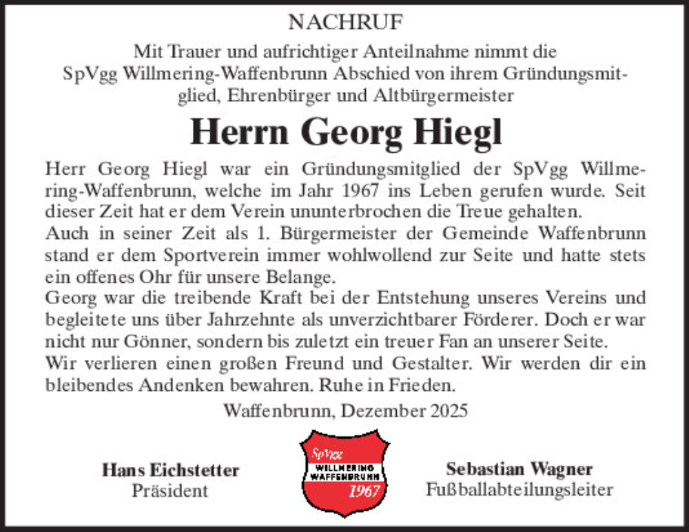  Traueranzeige für Georg Hiegl vom 20.12.2025 aus Bayerwald Echo