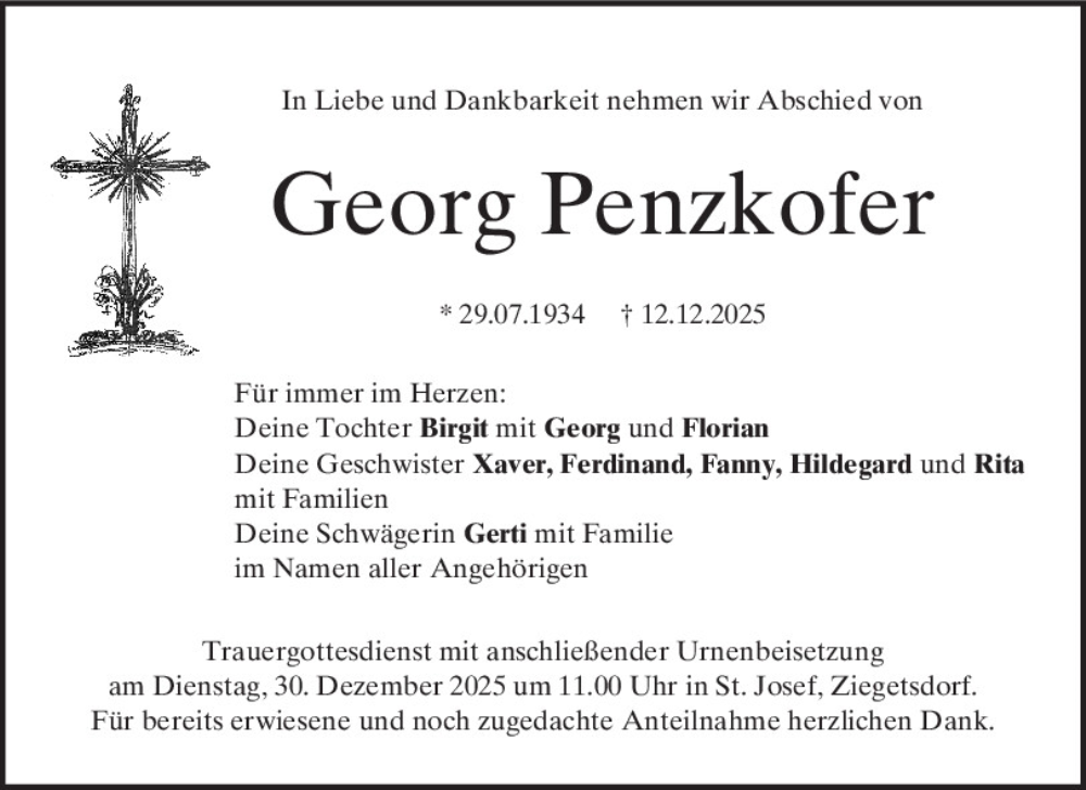  Traueranzeige für Georg Penzkofer vom 27.12.2025 aus Mittelbayerische Zeitung Regensburg