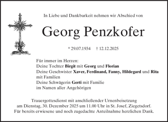 Traueranzeige von Georg Penzkofer von Mittelbayerische Zeitung Regensburg