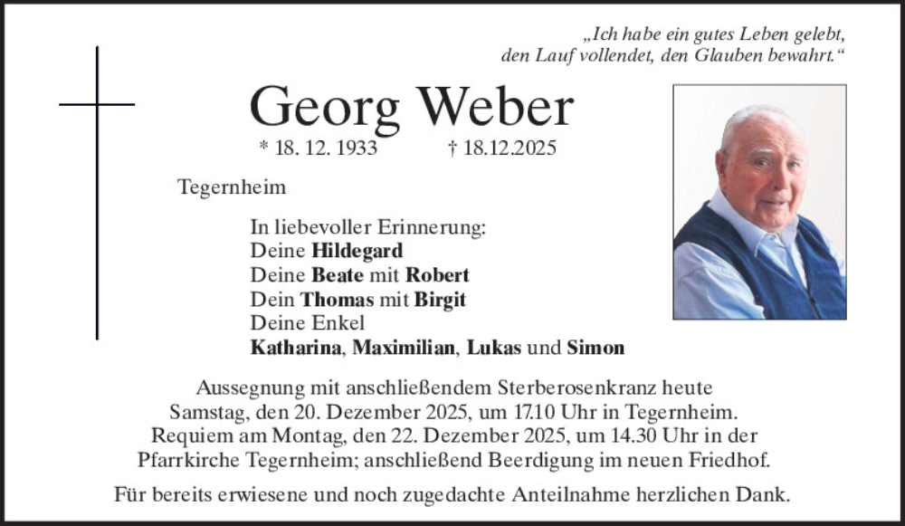  Traueranzeige für Georg Weber vom 20.12.2025 aus Mittelbayerische Zeitung Regensburg