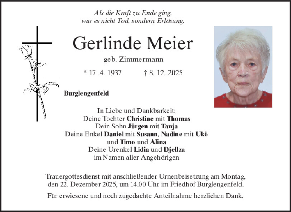  Traueranzeige für Gerlinde Meier vom 17.12.2025 aus Mittelbayerische Zeitung Schwandorf