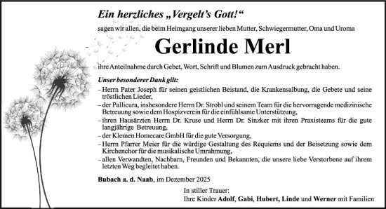 Traueranzeige von Gerlinde Merl von Mittelbayerische Zeitung Schwandorf