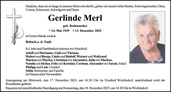 Traueranzeige von Gerlinde Merl von Mittelbayerische Zeitung Schwandorf