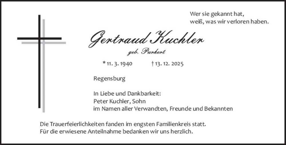  Traueranzeige für Gertraud Kuchler vom 27.12.2025 aus Mittelbayerische Zeitung Regensburg