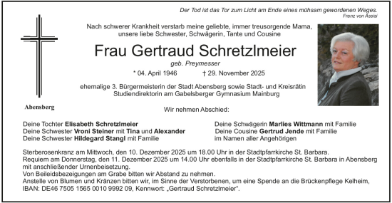 Traueranzeige von Gertraud Schretzlmeier von Mittelbayerische Zeitung Kelheim