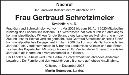 Traueranzeige von Gertraud Schretzlmeier von Mittelbayerische Zeitung Kelheim
