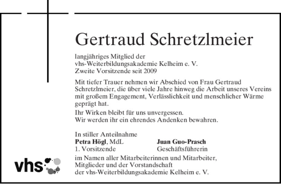 Traueranzeige von Gertraud Schretzlmeier von Mittelbayerische Zeitung Kelheim