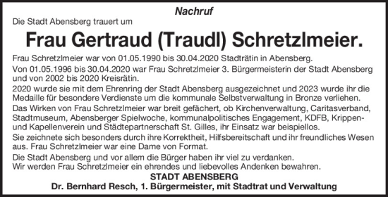 Traueranzeige von Gertraud Schretzlmeier von Mittelbayerische Zeitung Kelheim