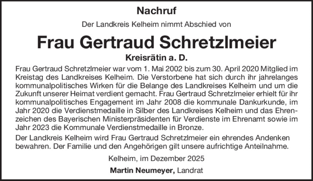  Traueranzeige für Gertraud Schretzlmeier vom 09.12.2025 aus Mittelbayerische Zeitung Kelheim