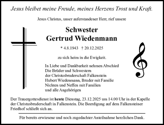 Traueranzeige von Gertrud Wiedenmann von Bayerwald Echo