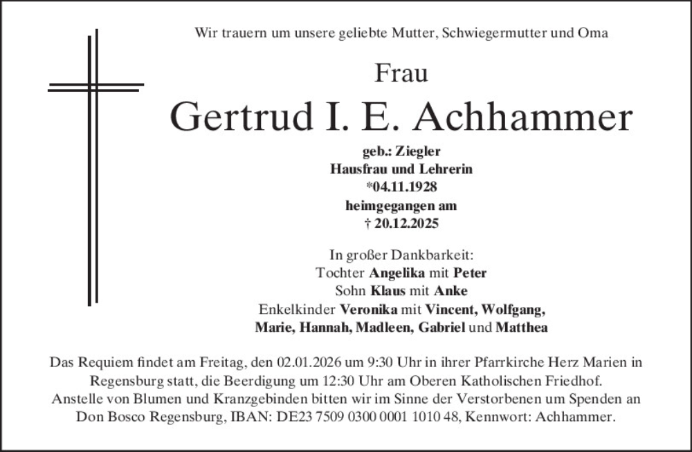  Traueranzeige für Gertrud I. E. Achhammer vom 27.12.2025 aus Mittelbayerische Zeitung Regensburg