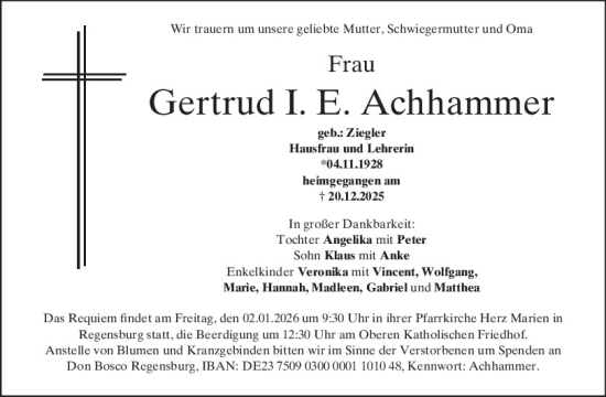 Traueranzeige von Gertrud I. E. Achhammer von Mittelbayerische Zeitung Regensburg