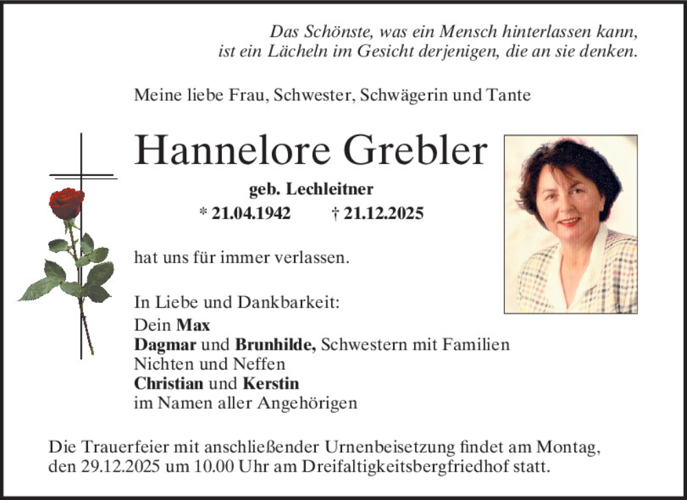  Traueranzeige für Hannelore Grebler vom 27.12.2025 aus Mittelbayerische Zeitung Regensburg