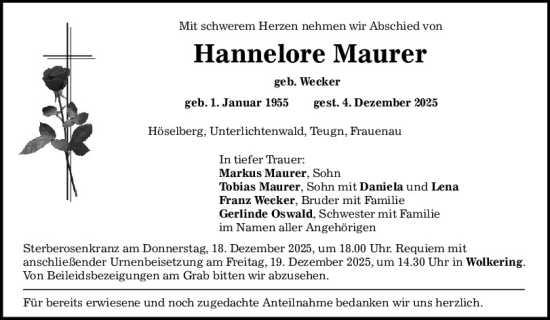 Traueranzeige von Hannelore Maurer von Mittelbayerische Zeitung Regensburg