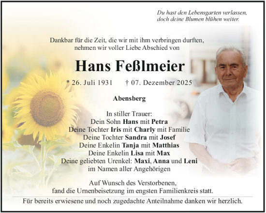 Traueranzeige von Hans Feßlmeier von Mittelbayerische Zeitung Kelheim