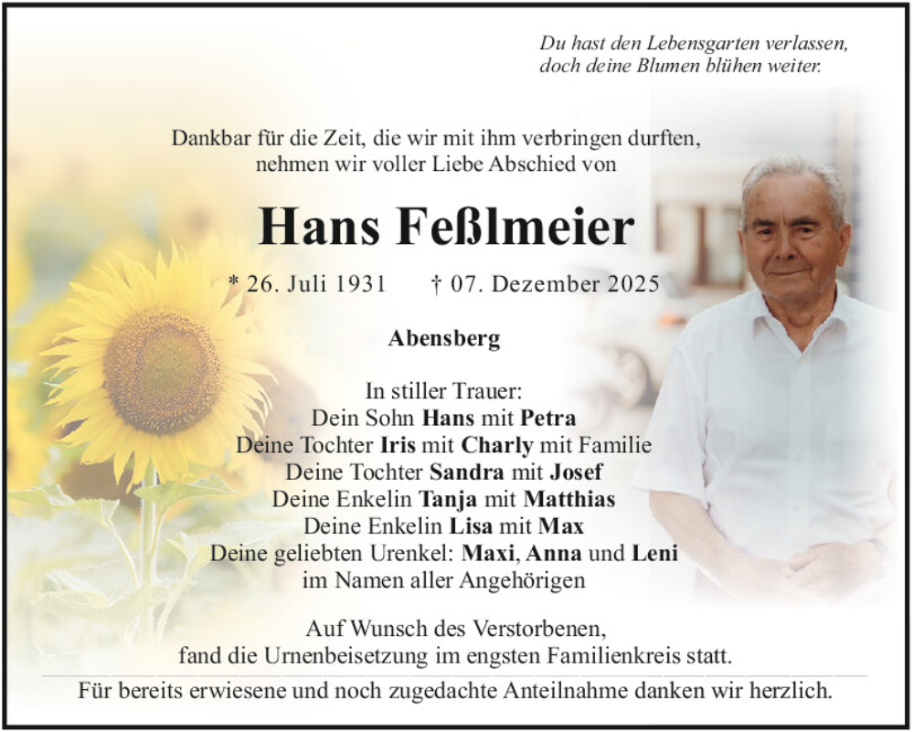  Traueranzeige für Hans Feßlmeier vom 20.12.2025 aus Mittelbayerische Zeitung Kelheim
