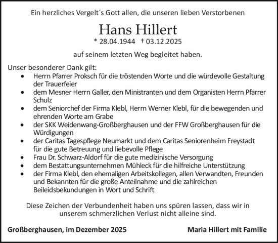 Traueranzeige von Hans Hillert von Neumarkter Tagblatt