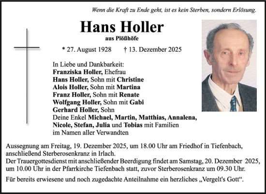 Traueranzeige von Hans Holler von Bayerwald Echo