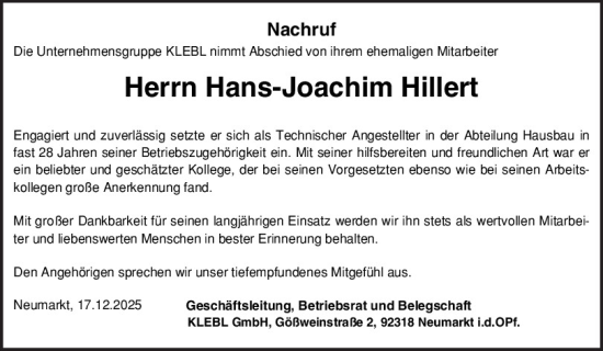 Traueranzeige von Hans-Joachim Hillert von Neumarkter Tagblatt