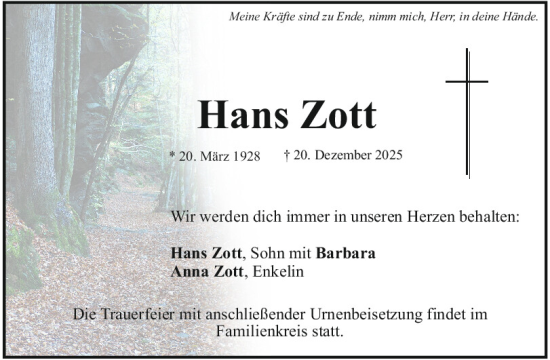 Traueranzeige von Hans Zott von Mittelbayerische Zeitung Kelheim