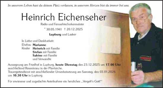 Traueranzeige von Heinrich Eichenseher von Mittelbayerische Zeitung Regensburg, Neumarkter Tagblatt