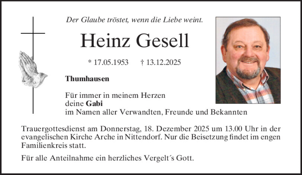  Traueranzeige für Heinz Gesell vom 16.12.2025 aus Mittelbayerische Zeitung Regensburg