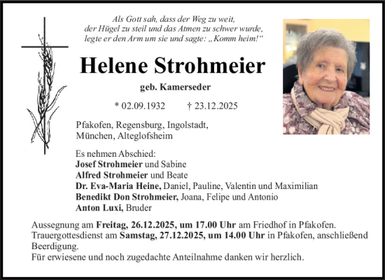 Traueranzeige von Helene Strohmeier von Mittelbayerische Zeitung Regensburg