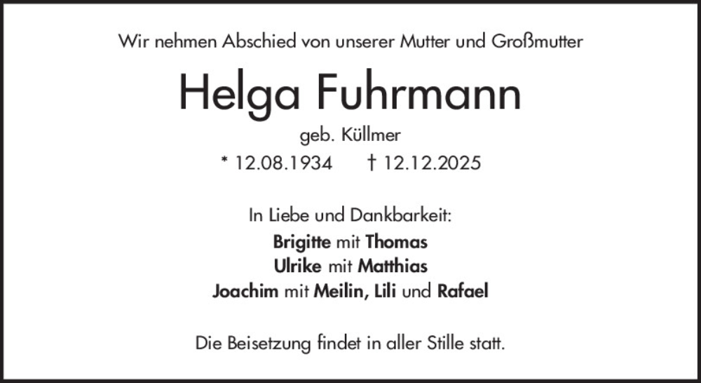  Traueranzeige für Helga Fuhrmann vom 20.12.2025 aus Mittelbayerische Zeitung Regensburg