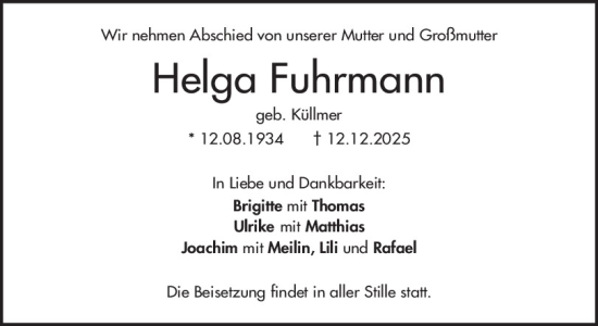 Traueranzeige von Helga Fuhrmann von Mittelbayerische Zeitung Regensburg