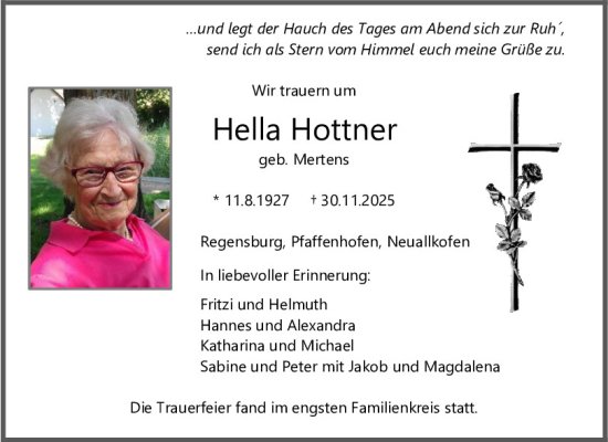 Traueranzeige von Hella Hottner von Mittelbayerische Zeitung Regensburg