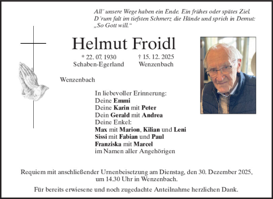 Traueranzeige von Helmut Froidl von Mittelbayerische Zeitung Regensburg