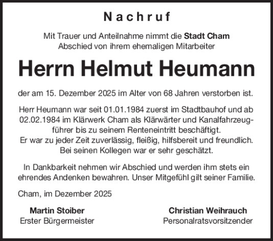 Traueranzeige von Helmut Heumann von Bayerwald Echo