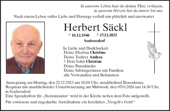 Traueranzeige von Herbert Säckl von Neumarkter Tagblatt
