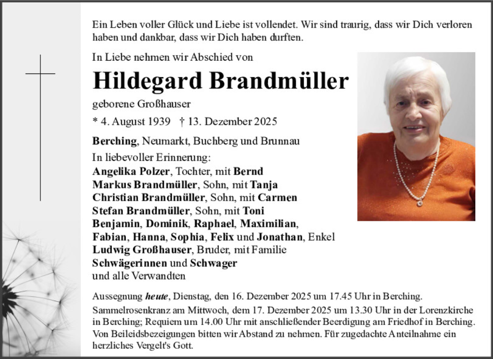  Traueranzeige für Hildegard Brandmüller vom 16.12.2025 aus Neumarkter Tagblatt