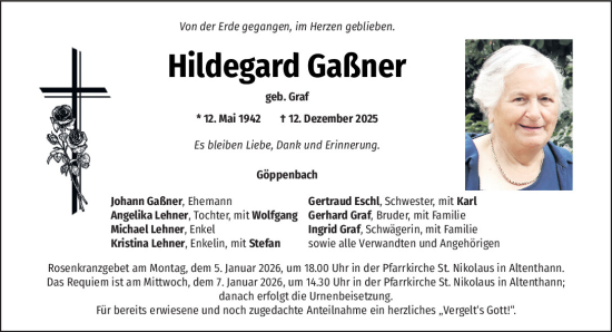Traueranzeige von Hildegard Gaßner von Mittelbayerische Zeitung Regensburg