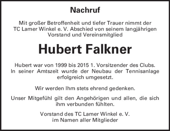 Traueranzeige von Hubert Falkner von Bayerwald Echo